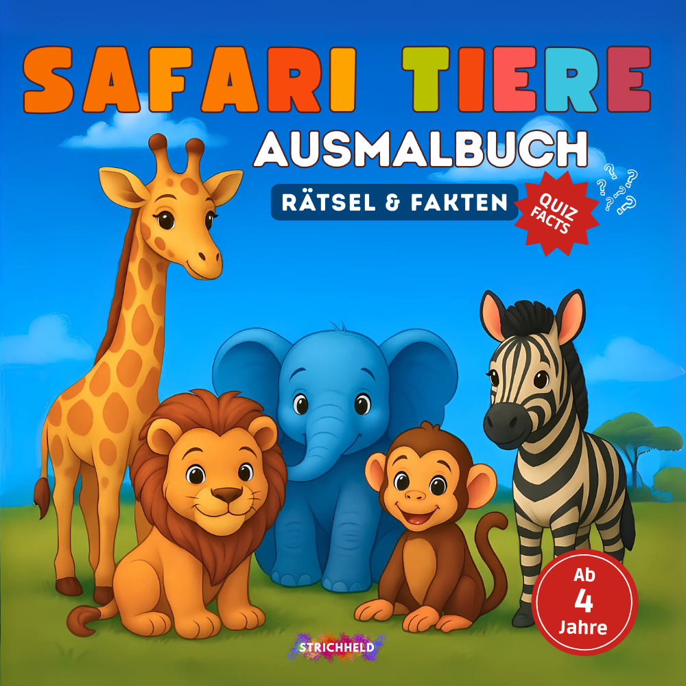 Cover: Safari Tiere – Ausmalen, Rätseln & Fakten